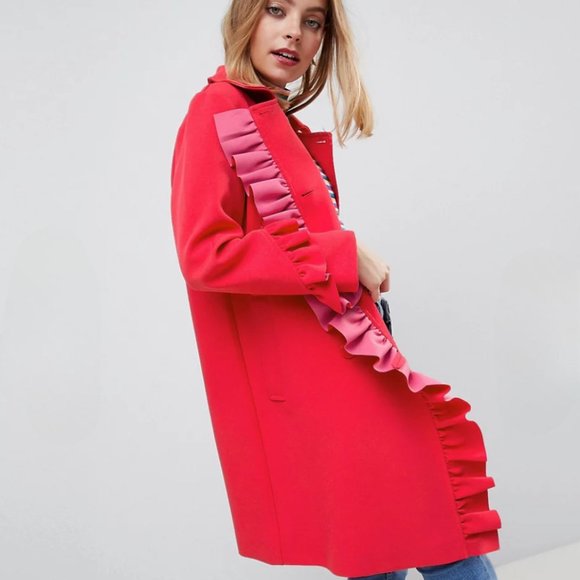 ASOS DESIGN Petite Frill Bonded Red Pink Ruffle Double Breasted Trench Coat 6 - Picture 13 of 14